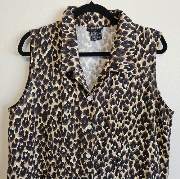 Halston 100% Silk Leapord Print Shirt Dress Womens Size 16 - Picture 3 of 12